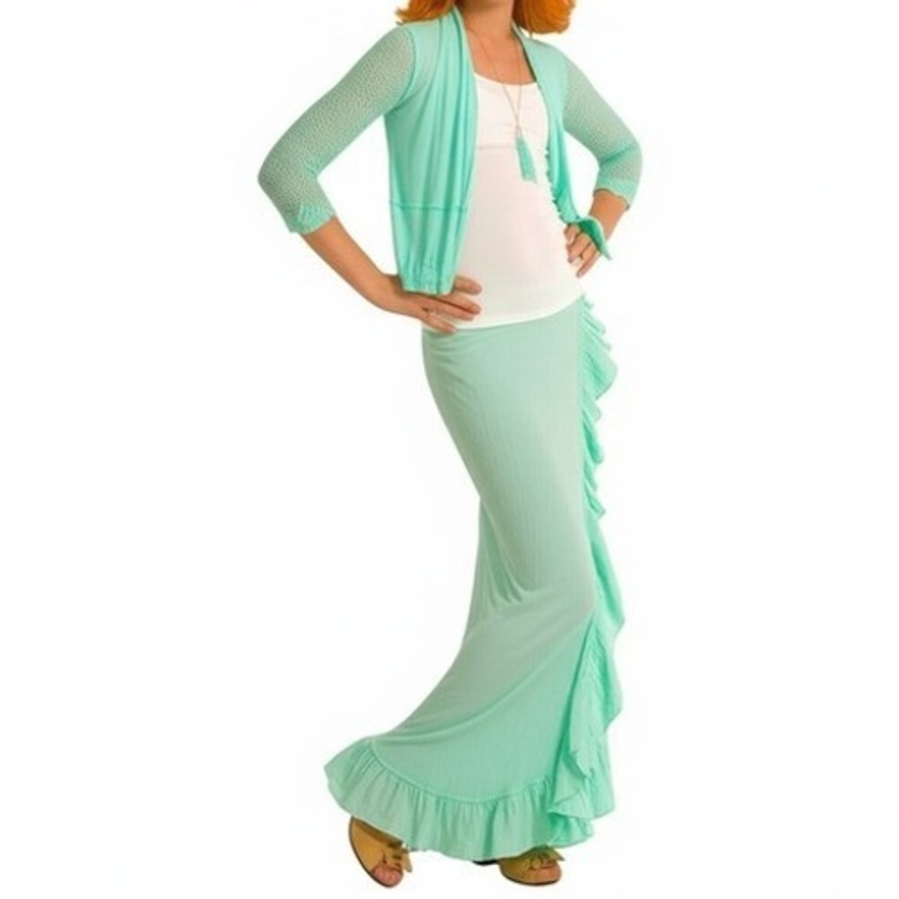 Amy Byer Girls M 10-12 Mint Green Open Cardigan Ruffled Maxi Skirt‎ Flowy 2PC